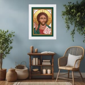 Pantocrator Religious Icon with a green border and white frame