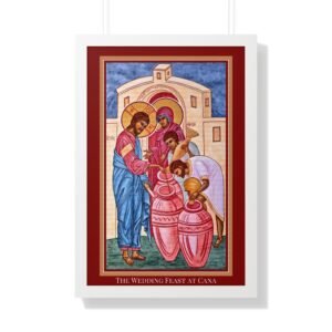 The Wedding Feast at Cana Religious Icon with a red border and white frame
