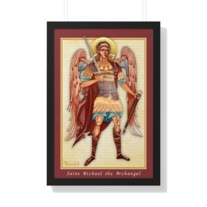 St. Michael the Archangel Religious Icon with a red frame and a walnut border