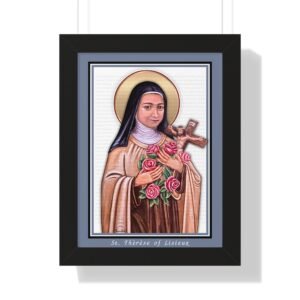 St. Therese of Lisieux Religious Icon with a blue border and black frame