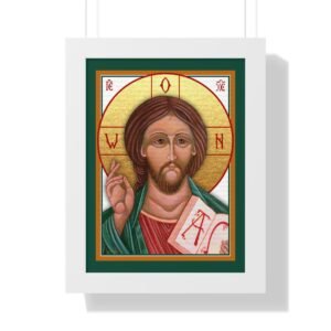 Pantocrator Religious Icon with a green border and white frame
