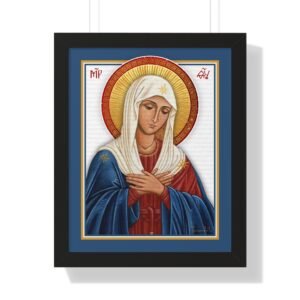 Mary Ponders Tenderly religious Icon Framed Print with blue border and black frame