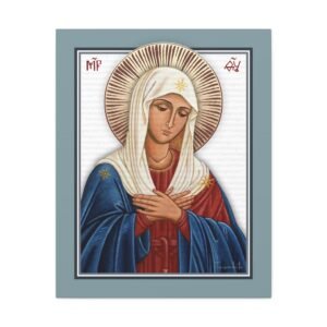 Catholic Icon Canvas Print of Mary Ponders Tenderly with a Seafoam border