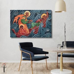 Jesus Calms the Storm Catholic Icon print on a living room wall