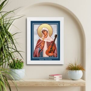 Saint Cecilia Religious Icon Framed Art with a blue border and white frame