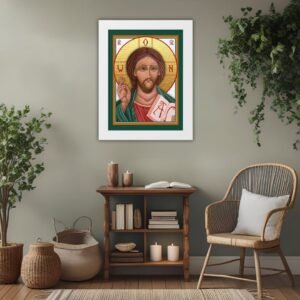 The Pantocrator Jesus Icon print with a white frame and green border