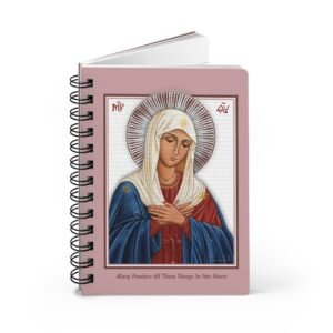 Pink spiral notebook with our Mary Ponders Tenderly Icon on the front