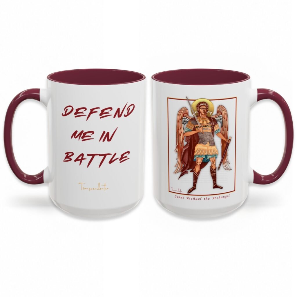 St. Michael the Archangel “Defend Me in Battle” Catholic Mug – Maroon